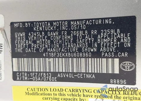 2011 Toyota Camry Le из США, поврежденный, VIN 4T1BF3EKXBU608960